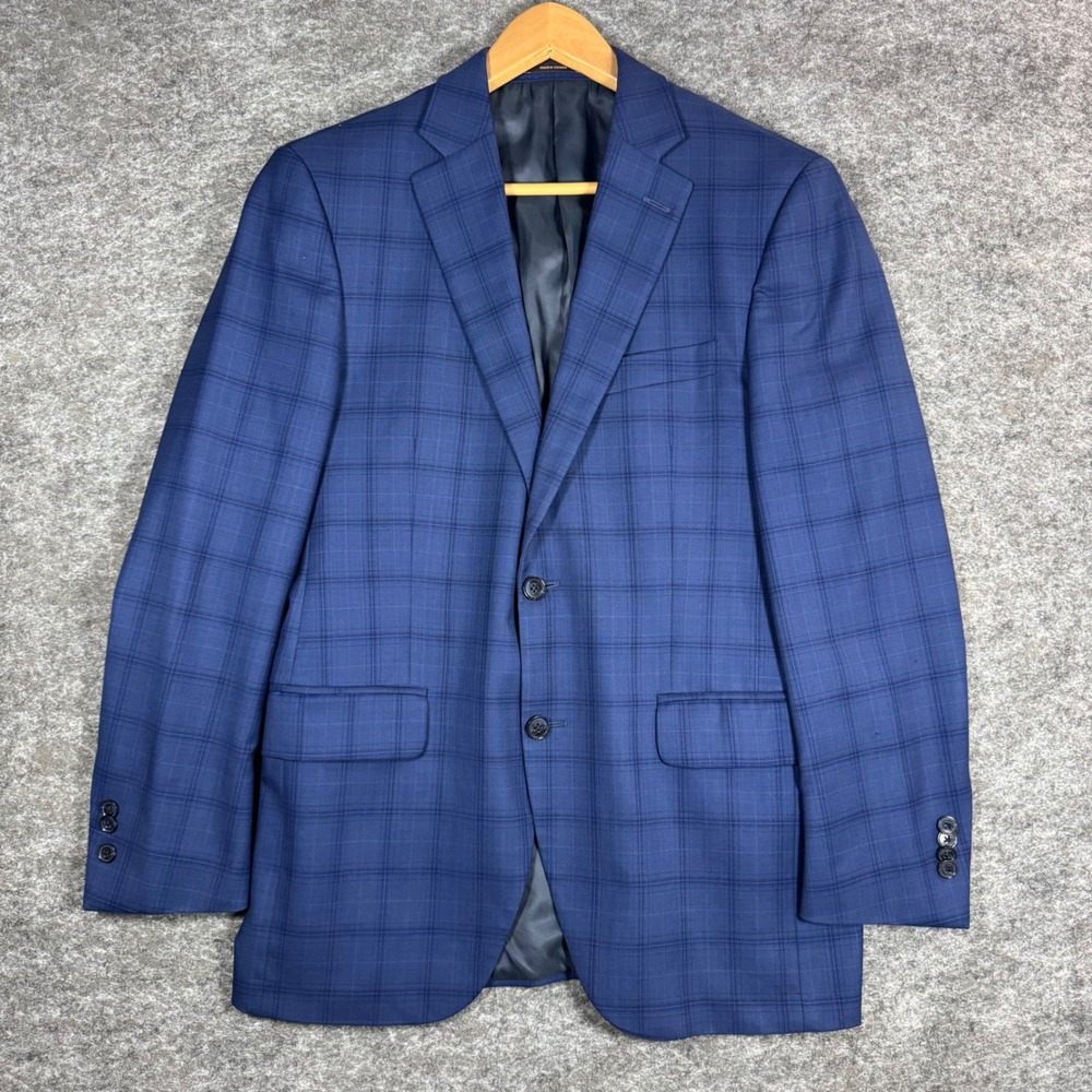 Peter Millar Blazer Jacket Mens 38R Blue Windowpane Plaid 100% Wool Sport Coat